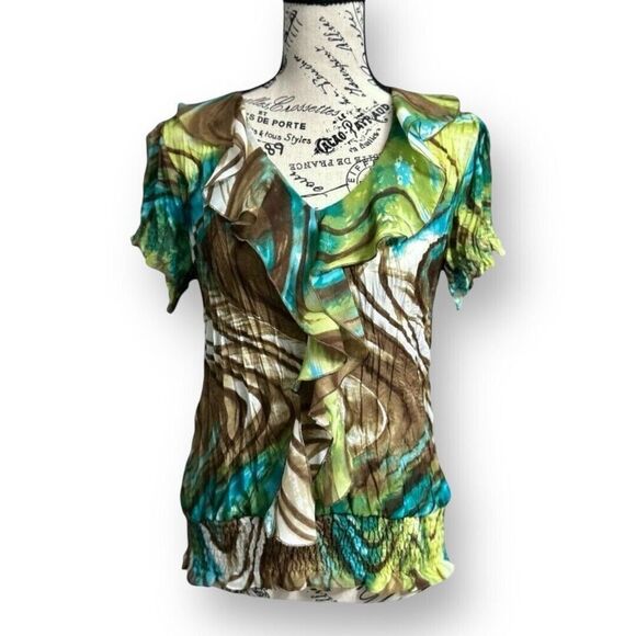 Allison Taylor M Green Brown V-Neck Ruffle Blouse Boho Festival Y2K Flowy Summer - Picture 4 of 9